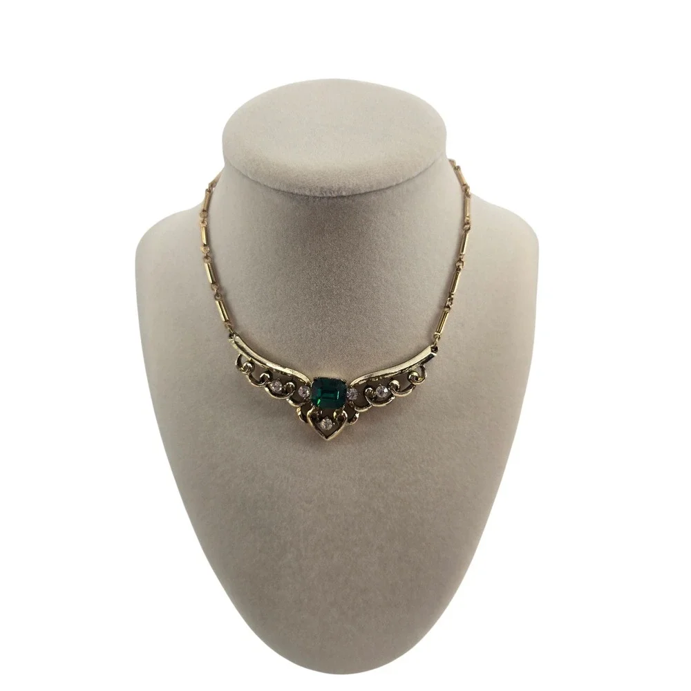 Coro Bib Necklace Women OS Art Deco Revival Gold Green Rhinestone EUC